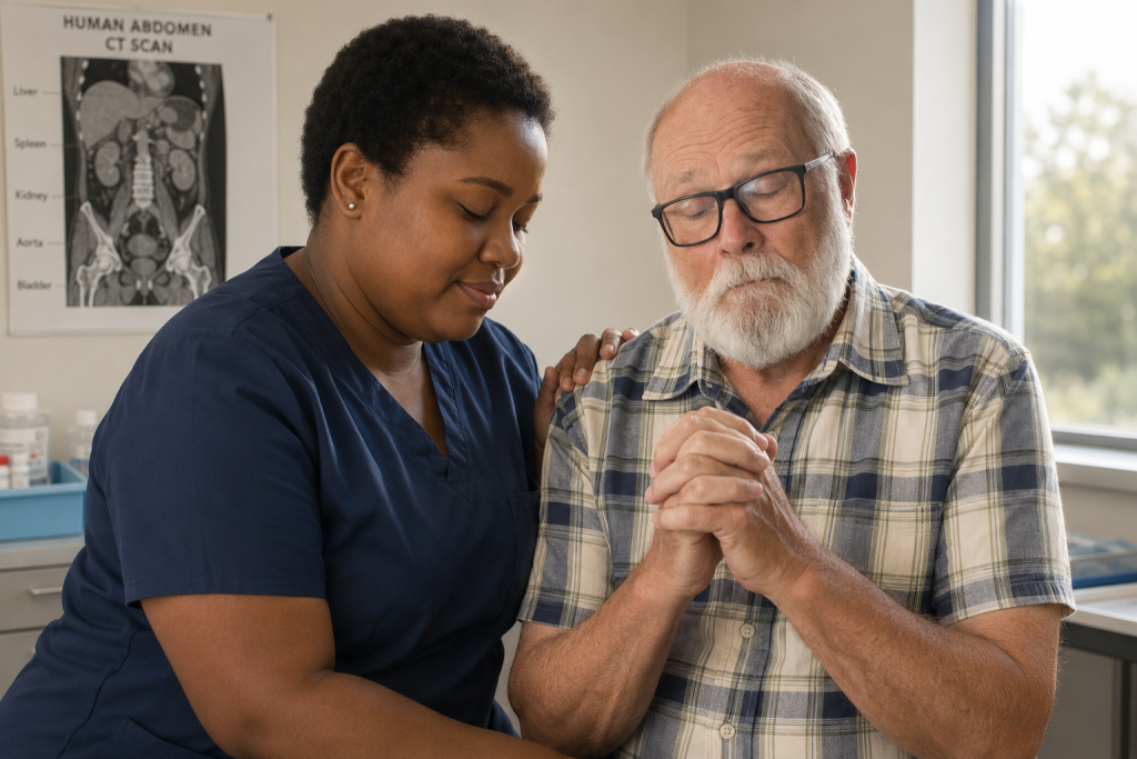 Radiology assistant praying with Jean, hand on his shoulder, at the start of his CT scan