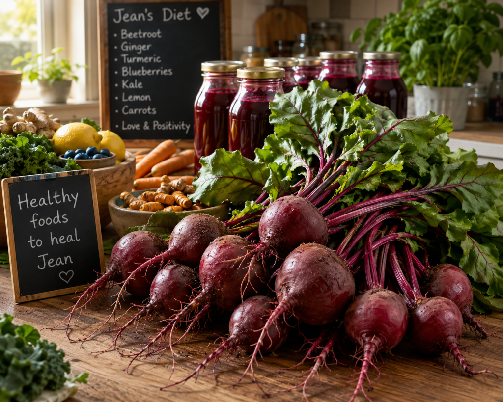 Healthy foods to support Jean's healing journey including beetroot, bottles of natural remedies and fresh produc
