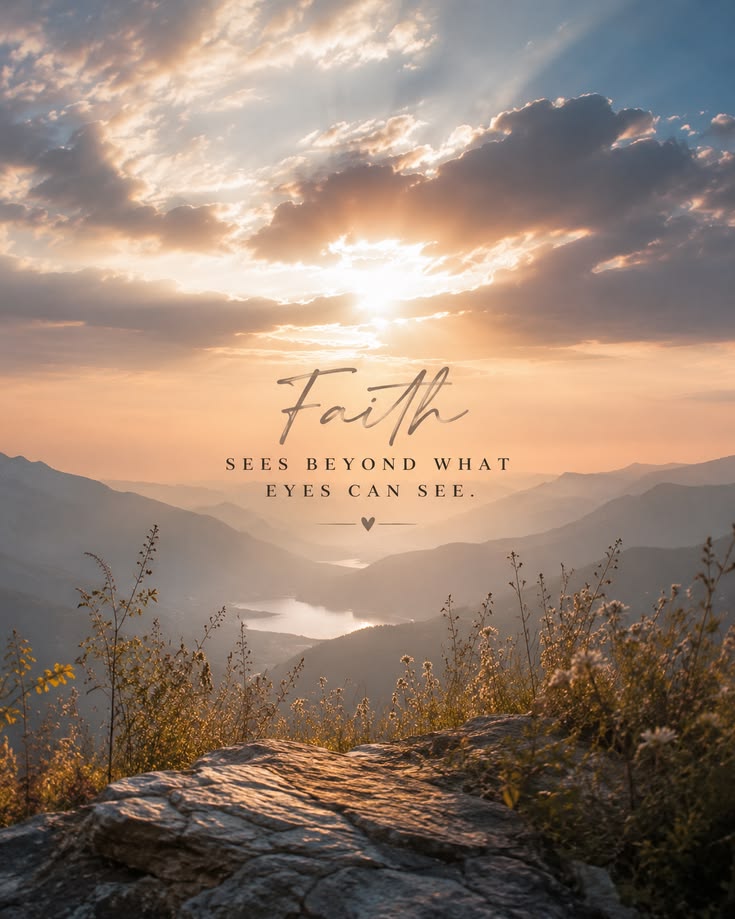 Sunrise over a dam with the words Faith Sees Beyond What the Eyes Can See