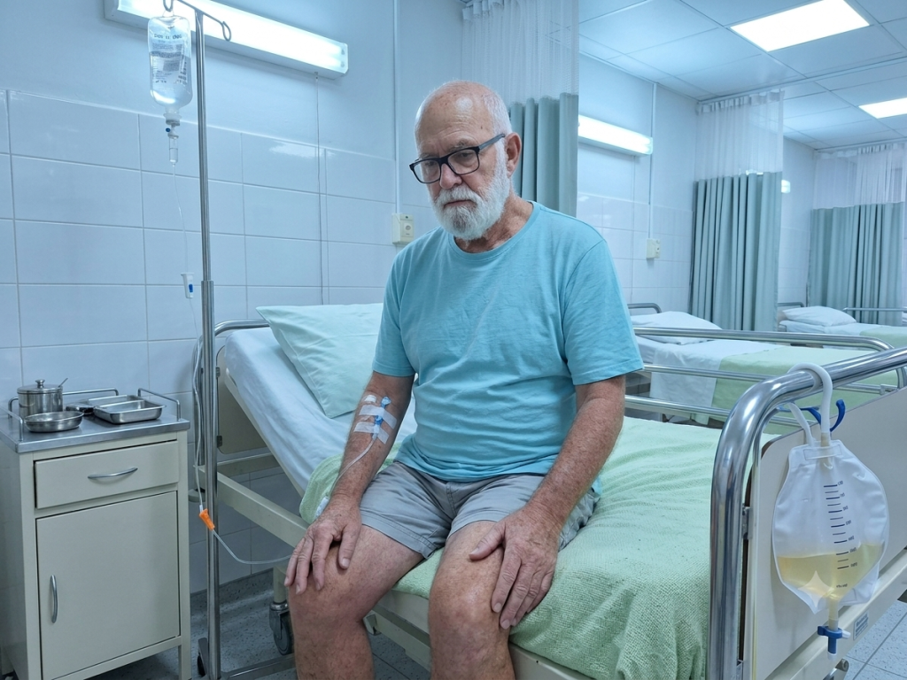 Jean sitting on the edge of hi hospital bed waiting to go home after all the tests