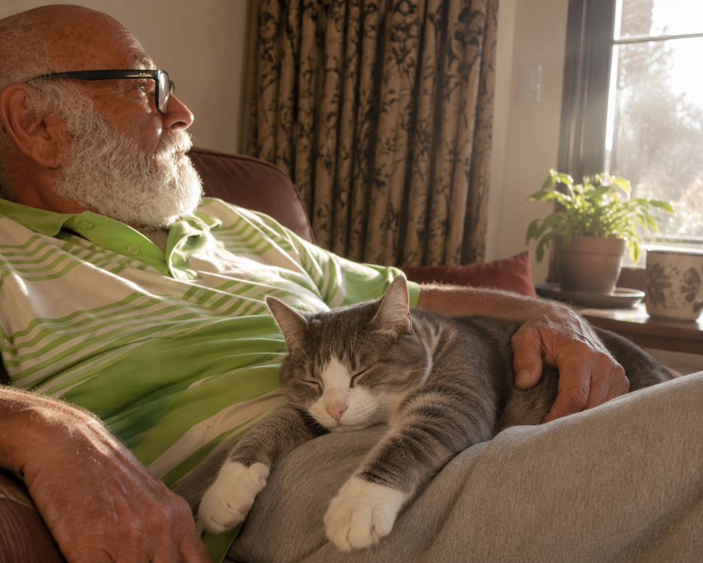 Jean relaxing at home with Thomas, his constant companion
