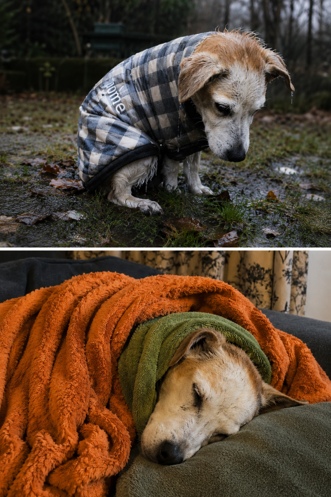 Benji the 18 year old Jack Russell sopping wet and cold after being left outside in the Rain. Dried off, warm and sleeping peacefully on the couch after his cold ordeal