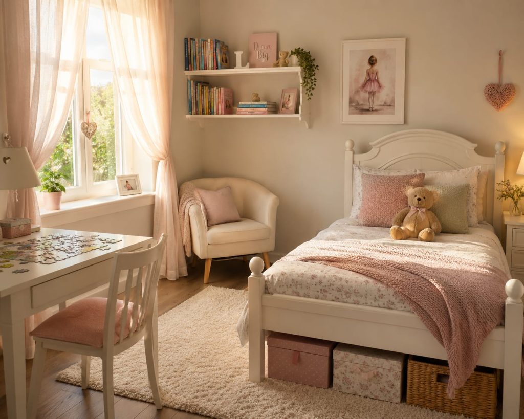 A room makeover for a child's room, using existing furniture and acessories