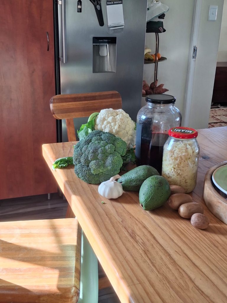 Wholesome fresh produce, some from the garden, supporting Jean's anti inflammatory healing diet