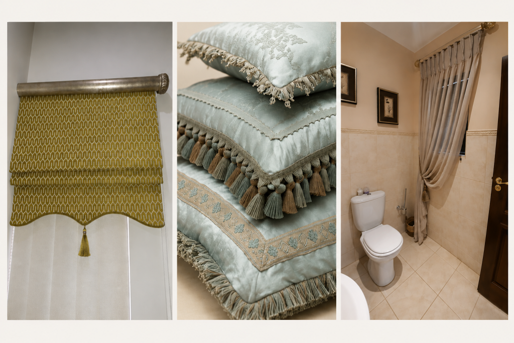 Interior decortaing details featuring a sculted Roma Blind, decorative scatter cushions with trims and elegant guest bathroom curtains