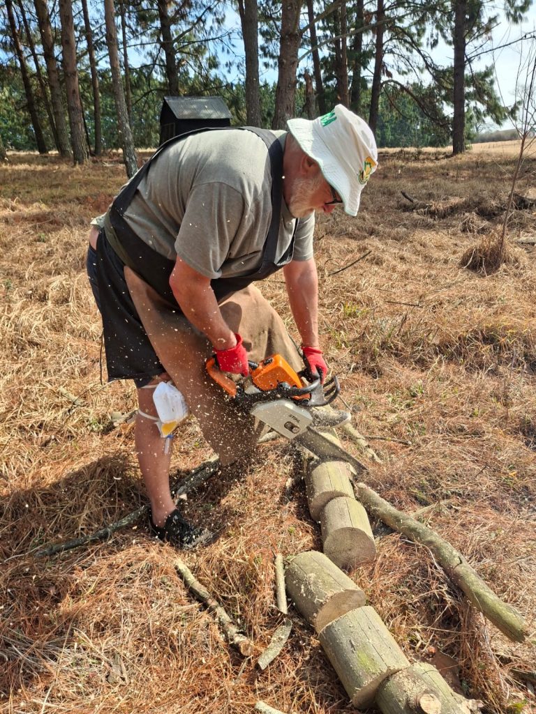 Jean chopping wood in the forest